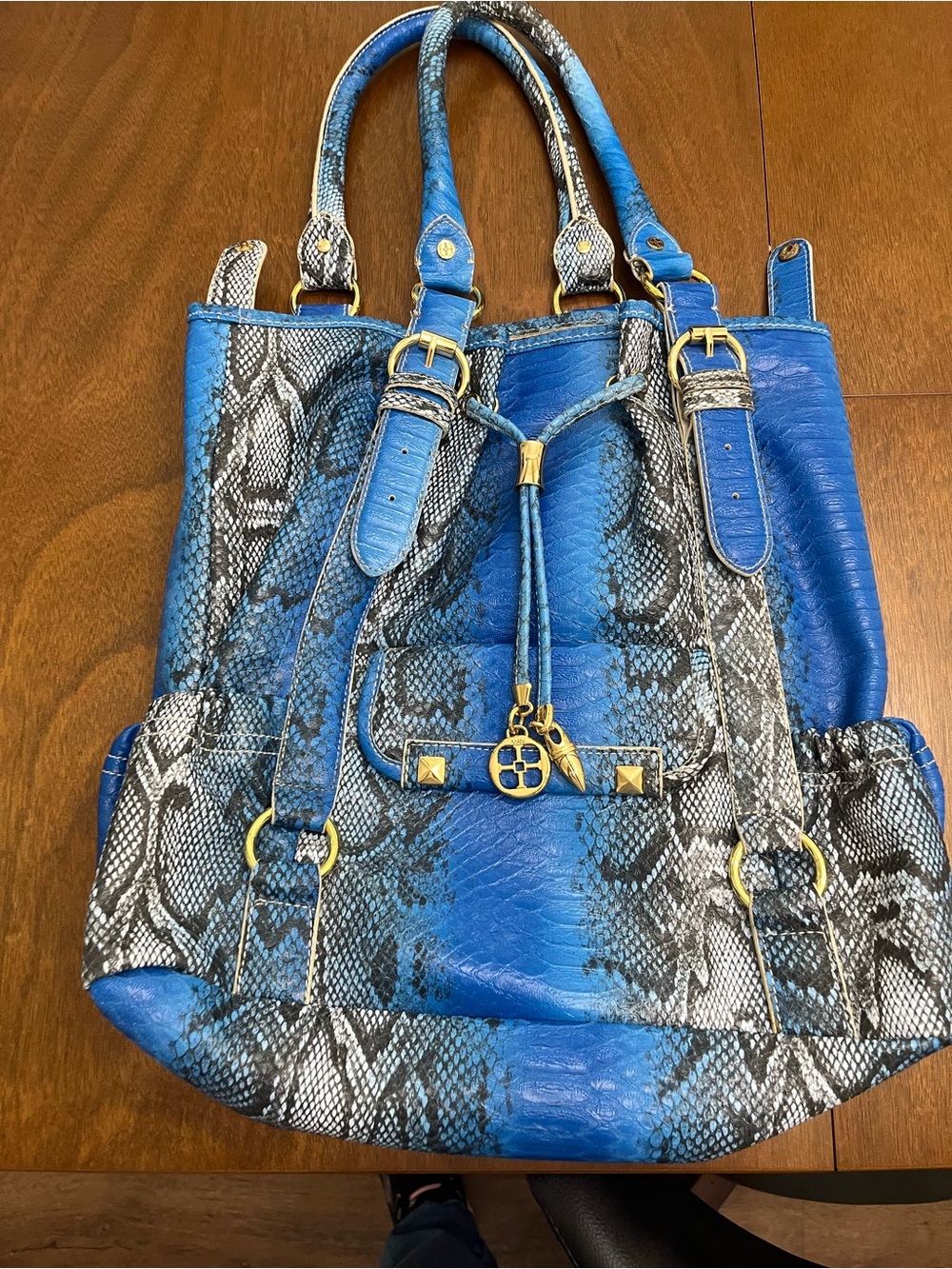 IMAN Blue Snake-Print Tote Bag with Gold Accents